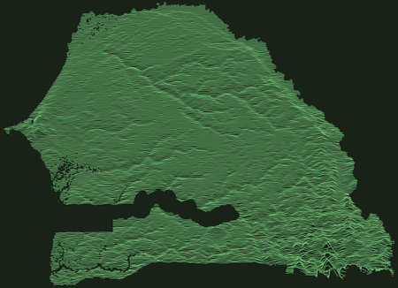 Topographic military radar tactical map of the Republic of Senegal with emerald green contour lines on dark green backgroundのイラスト素材