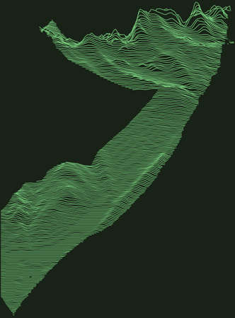 Topographic military radar tactical map of the Federal Republic of Somalia with emerald green contour lines on dark green backgroundのイラスト素材