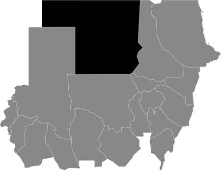 Black highlighted location map of the Sudanese Northern state inside gray map of the Republic of Sudanのイラスト素材