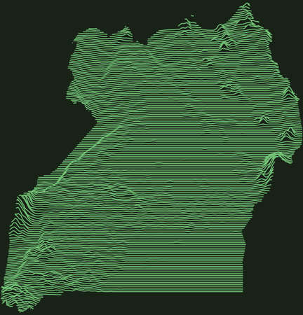 Topographic military radar tactical map of the Republic of Uganda with emerald green contour lines on dark green backgroundのイラスト素材