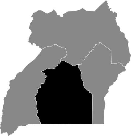 Black highlighted location map of the Ugandan Central region inside gray map of the Republic of Ugandaのイラスト素材
