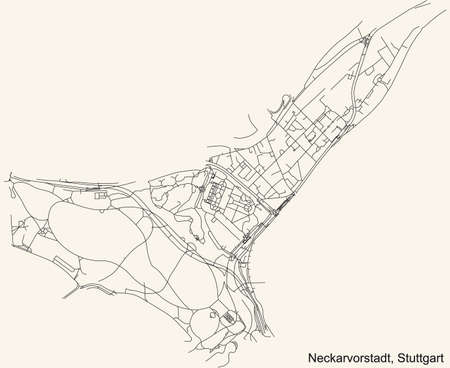 Black simple detailed street roads map on vintage beige background of the quarter Neckarvorstadt of district Bad Cannstatt of Stuttgart, Germanyのイラスト素材