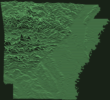 Topographic military radar tactical map of the Federal State of Arkansas, USA with emerald green contour lines on dark green backgroundのイラスト素材