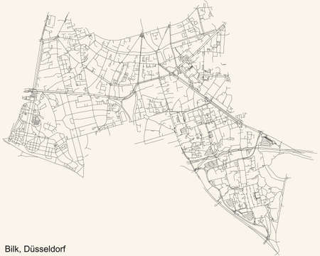 Black simple detailed street roads map on vintage beige background of the quarter Bilk Stadtteil of DÃ¼sseldorf, Germanyのイラスト素材