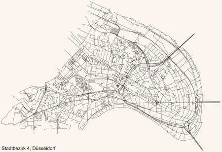 Black simple detailed street roads map on vintage beige background of the quarter Stadtbezirk 4 district of DÃ¼sseldorf, Germanyのイラスト素材