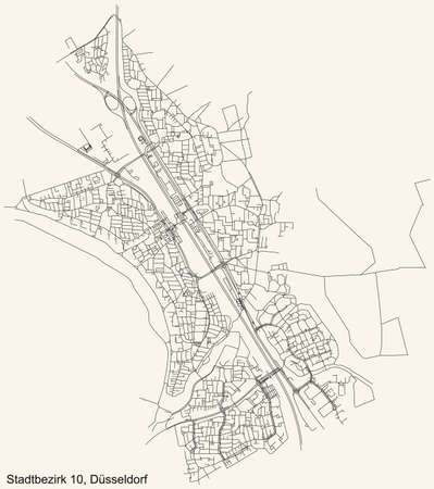 Black simple detailed street roads map on vintage beige background of the quarter Stadtbezirk 10 district of DÃ¼sseldorf, Germanyのイラスト素材