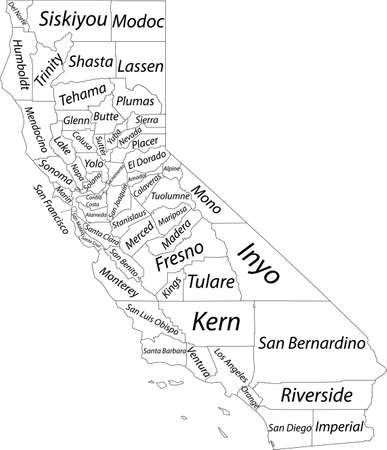 White vector map of the Federal State of California, USA with black borders and names of its countiesのイラスト素材