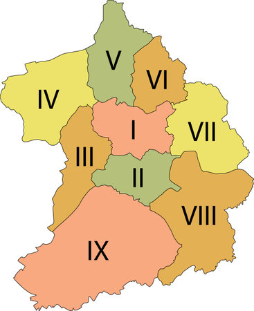 Simple pastel vector map with black borders and latin numeral names of districts of Essen, Germanyのイラスト素材