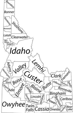 White vector map of the Federal State of Idaho, USA with black borders and names of its countiesのイラスト素材