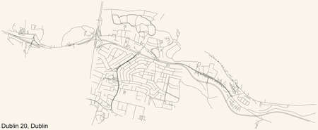 Black simple detailed street roads map on vintage beige background of the quarter Postal district 20 (D20) of Dublin, Irelandのイラスト素材
