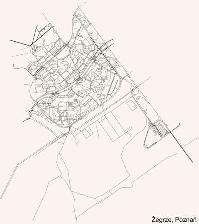 Black simple detailed street roads map on vintage beige background of the quarter Å»egrze district of Poznan, Polandのイラスト素材