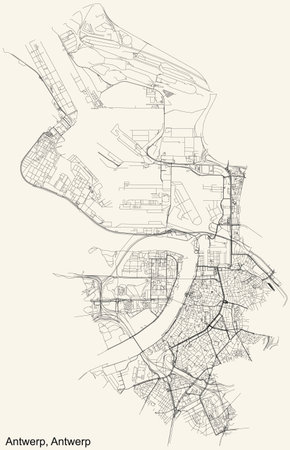Black simple detailed street roads map on vintage beige background of the quarter Antwerpen district of Antwerp, Belgiumのイラスト素材