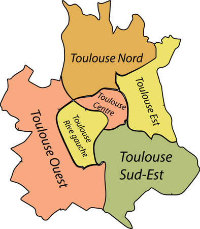 Simple pastel vector map with black borders and names of sectors of Toulouse, Franceのイラスト素材