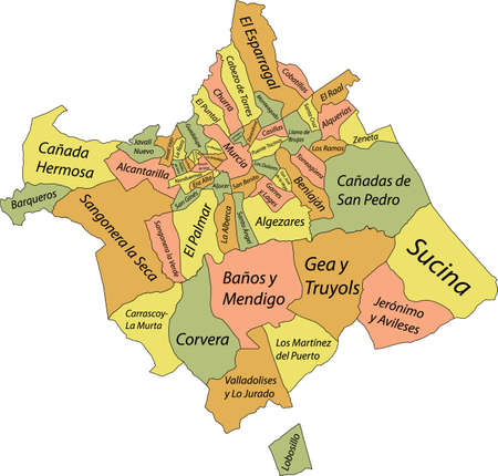 Simple pastel vector map with black borders and names of districts of municipality of Murcia, Spainのイラスト素材