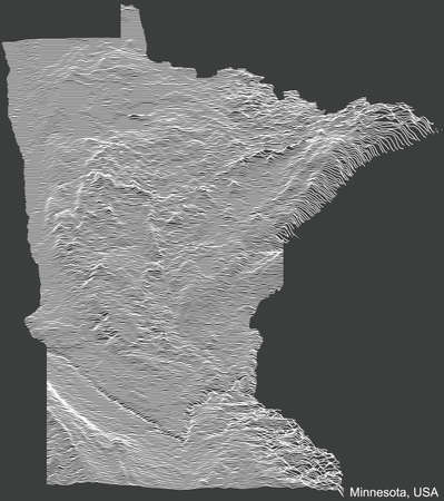 Topographic negative relief map of the Federal State of Minnesota, USA with white contour lines on dark gray backgroundのイラスト素材
