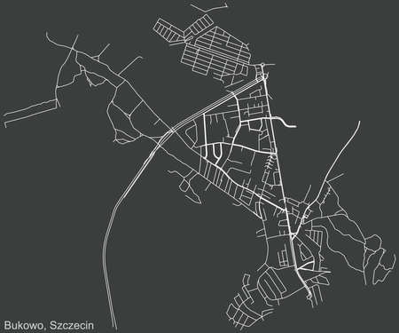 Detailed negative navigation urban street roads map on dark gray background of the quarter Bukowo municipal neighborhood of the Polish regional capital city of Szczecin, Polandのイラスト素材