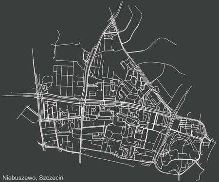Detailed negative navigation urban street roads map on dark gray background of the quarter Niebuszewo municipal neighborhood of the Polish regional capital city of Szczecin, Polandのイラスト素材