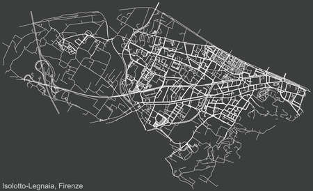 Detailed negative navigation urban street roads map on dark gray background of the quarter Quartiere 4 Isolotto-Legnaia district of the Italian regional capital city of Florence, Italyのイラスト素材