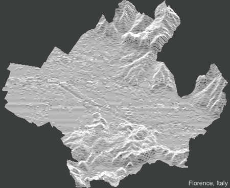 Topographic negative relief map of the city of Florence, Italy with white contour lines on dark gray backgroundのイラスト素材