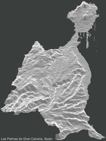 Topographic negative relief map of the city of Las Palmas, Spain with white contour lines on dark gray backgroundのイラスト素材