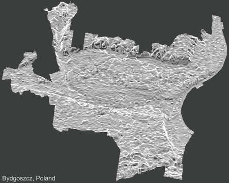 Topographic negative relief map of the city of Bydgoszcz, Poland with white contour lines on dark gray backgroundのイラスト素材