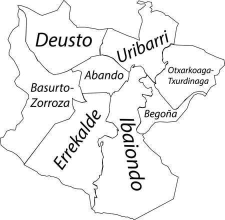 Simple white vector map with black borders and name tags of urban city districts of Bilbao, Spainのイラスト素材