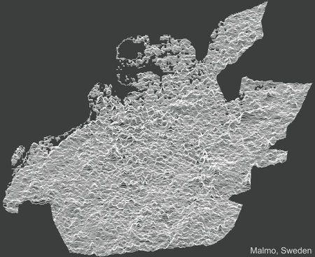 Topographic negative relief map of the city of MalmÃ¶, Sweden with white contour lines on dark gray backgroundのイラスト素材