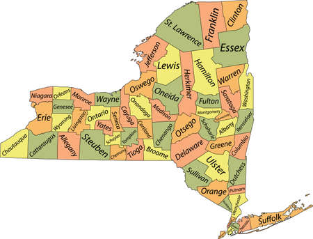 Pastel vector map of the Federal State of New York, USA with black borders and name tags of its countiesのイラスト素材