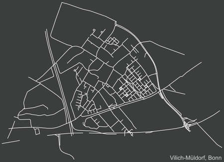 Detailed negative navigation urban street roads map on dark gray background of the quarter Vilich-MÃ¼ldorf sub-district of the German capital city of Bonn, Germanyのイラスト素材
