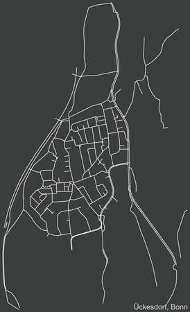 Detailed negative navigation urban street roads map on dark gray background of the quarter Ãckesdorf sub-district of the German capital city of Bonn, Germanyのイラスト素材