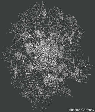 Detailed negative navigation urban street roads map on dark gray background of the German regional capital city of MÃ¼nster-Muenster, Germanyのイラスト素材