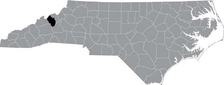 Black highlighted location map of the Yancey County inside gray administrative map of the Federal State of North Carolina, USAのイラスト素材