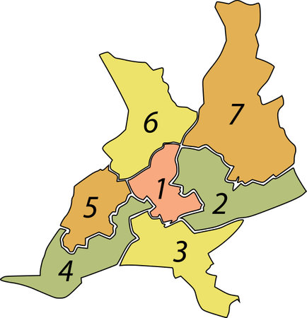 Simple pastel vector map with black borders and name tags of urban city cantons of Nantes, Franceのイラスト素材