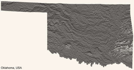 Topographic positive relief map of the Federal State of Oklahoma, USA with black contour lines on beige backgroundのイラスト素材