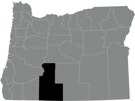Black highlighted location map of the Klamath County inside gray administrative map of the Federal State of Oregon, USAのイラスト素材
