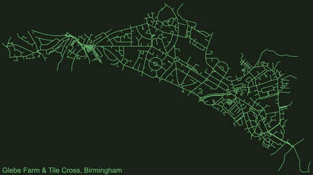 Detailed emerald green navigation urban street roads map on dark green background of the quarter Gib Heath neighborhood of the English regional capital city of Birmingham, United Kingdomのイラスト素材