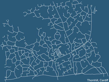 Detailed navigation urban street roads map on blue technical drawing background of the quarter Thornhill community of the Welsh capital city of Cardiff, United Kingdomのイラスト素材
