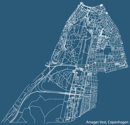 Detailed navigation urban street roads map on vintage beige background of the quarter Amager Vest...