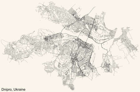 Detailed navigation urban street roads map on vintage beige background of the Ukrainian regional capital city of Dnipro (Dnepropetrovsk), Ukraineのイラスト素材