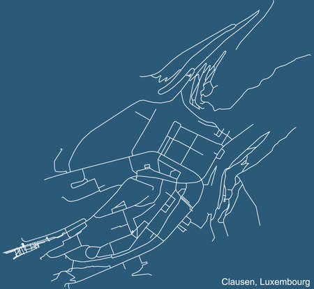 Detailed technical drawing navigation urban street roads map on blue background of the district Clausen Quarter of the Luxembourgish capital city of Luxembourg City, Luxembourgのイラスト素材
