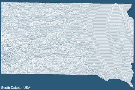 Topographic technical drawing relief map of the Federal State of South Dakota, USA with white contour lines on blue backgroundのイラスト素材