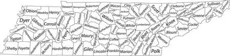 White vector administrative map of the Federal State of Tennessee, USA with black borders and name tags of its countiesのイラスト素材
