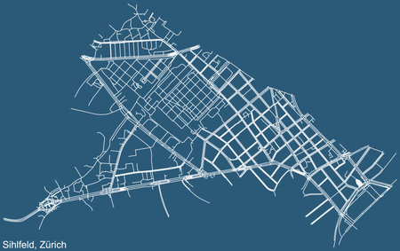 Detailed technical drawing navigation urban street roads map on blue background of the district Sihlfeld Quarter of the Swiss regional capital city of Zurich, Switzerlandのイラスト素材
