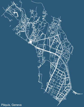 Detailed technical drawing navigation urban street roads map on blue background of the quarter PÃ¢quis District of the Swiss regional capital city of Geneva, Switzerlandのイラスト素材