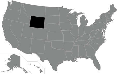Black highlighted location administrative map of the US Federal State of Wyoming inside gray map of the United States of Americaのイラスト素材