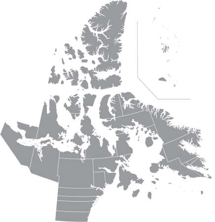 Gray flat blank vector administrative map of the territorial electoral districts of Canadian territory of NUNAVUT, CANADA with white border lines of its districtsのイラスト素材