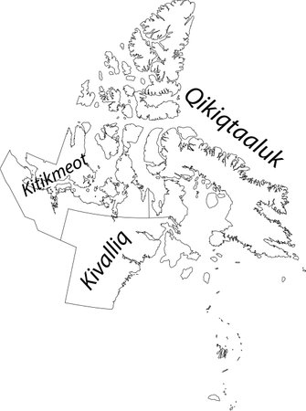 White flat vector administrative map of the regions of Canadian territory of NUNAVUT, CANADA with black border lines and name tags of its regionsのイラスト素材