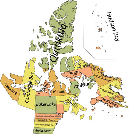Pastel flat vector administrative map of the territorial electoral districts of Canadian territory of NUNAVUT, CANADA with black border lines and name tags of its districtsのイラスト素材