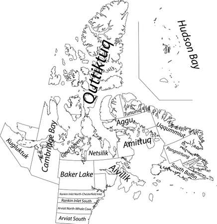 White flat vector administrative map of the territorial electoral districts of Canadian territory of NUNAVUT, CANADA with black border lines and name tags of its districtsのイラスト素材