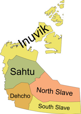 Pastel flat tagged vector administrative map of the Canadian territory of NORTHWEST TERRITORIES, CANADA with black border lines and name tags of its regionsのイラスト素材